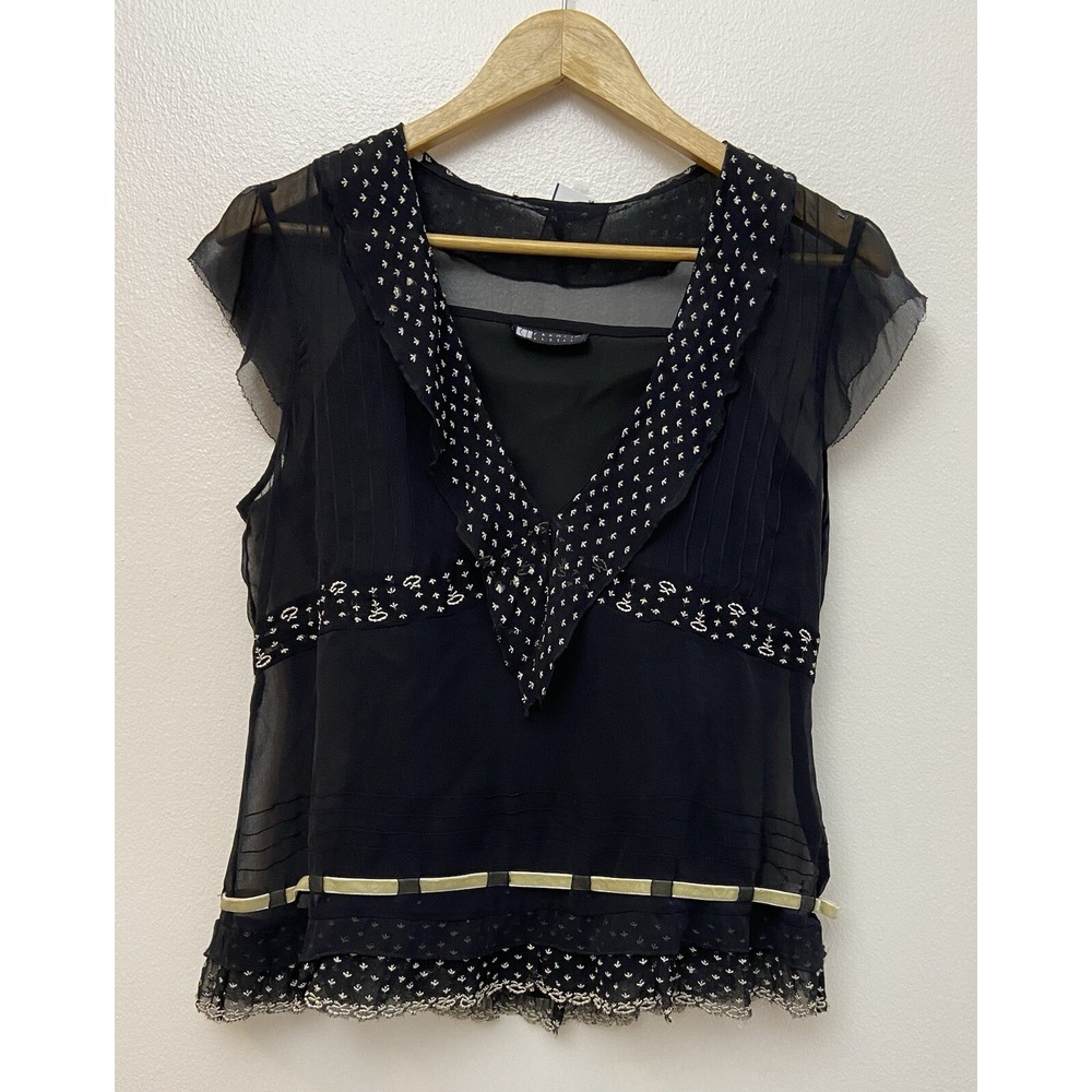 Carole Little Black Sheer V-Neck Blouse with Metallic Trim